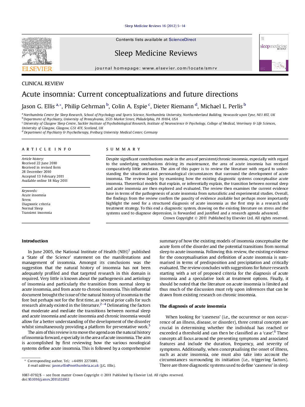 Acute insomnia: Current conceptualizations and future directions