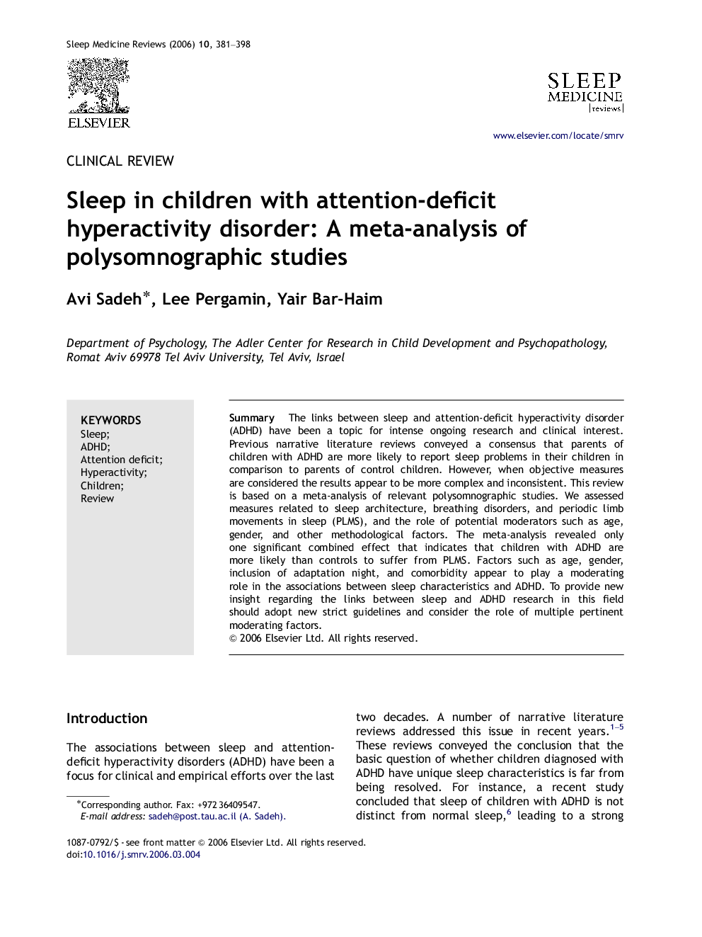 Sleep in children with attention-deficit hyperactivity disorder: A meta-analysis of polysomnographic studies