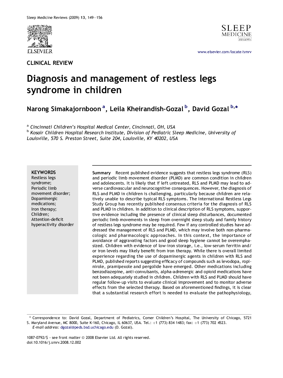 Diagnosis and management of restless legs syndrome in children