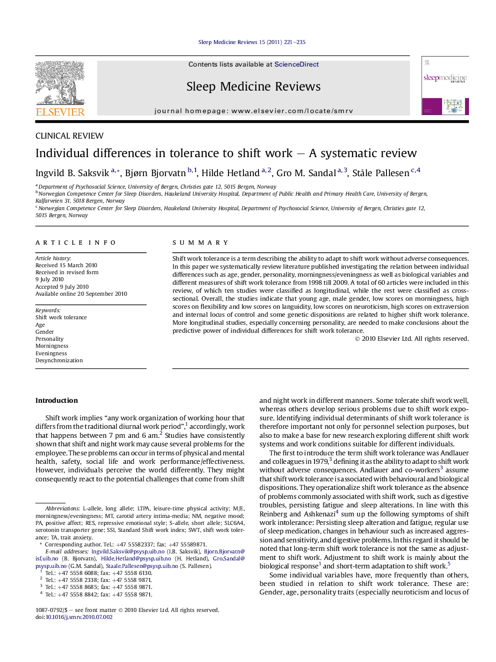 Individual differences in tolerance to shift work – A systematic review