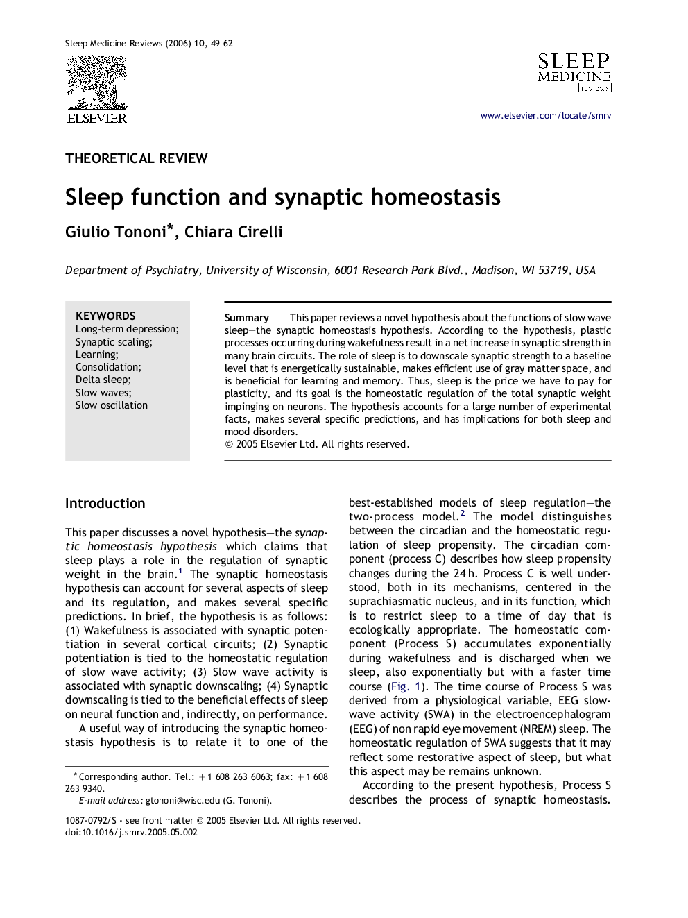 Sleep function and synaptic homeostasis