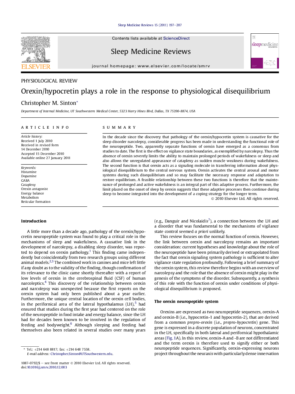 Orexin/hypocretin plays a role in the response to physiological disequilibrium