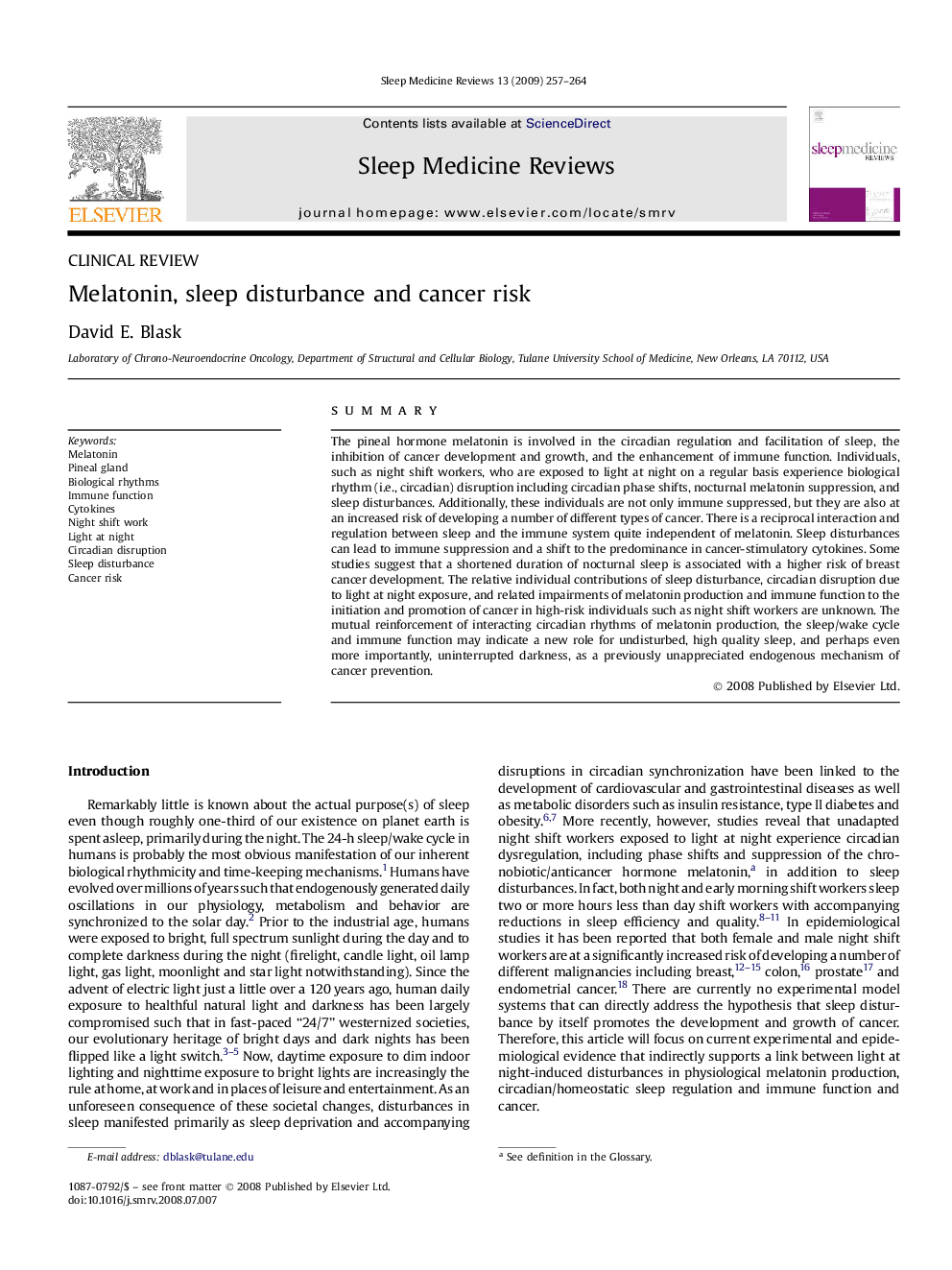 Melatonin, sleep disturbance and cancer risk