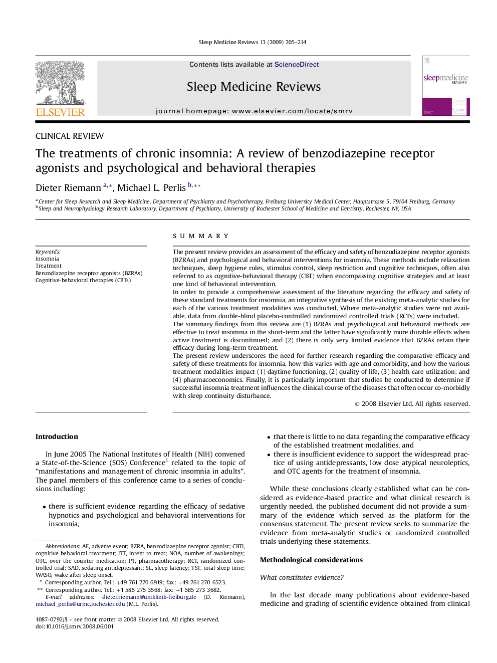 The treatments of chronic insomnia: A review of benzodiazepine receptor agonists and psychological and behavioral therapies