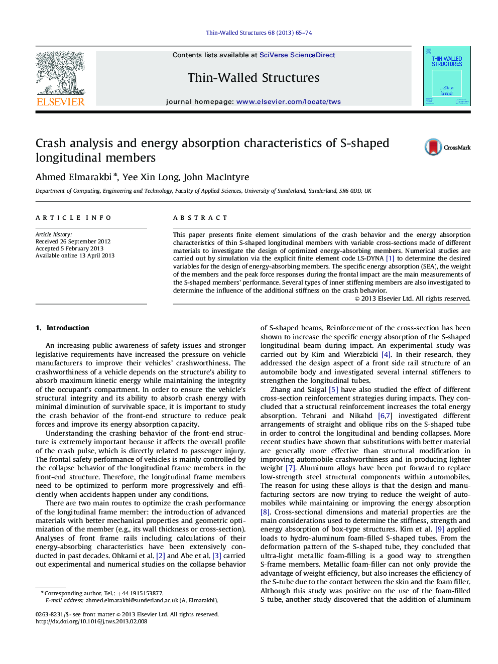 عکس صفحه اول مقاله: Crash analysis and energy absorption characteristics of S-shaped longitudinal members Crash analysis and energy absorption characteristics of S-shaped longitudinal members