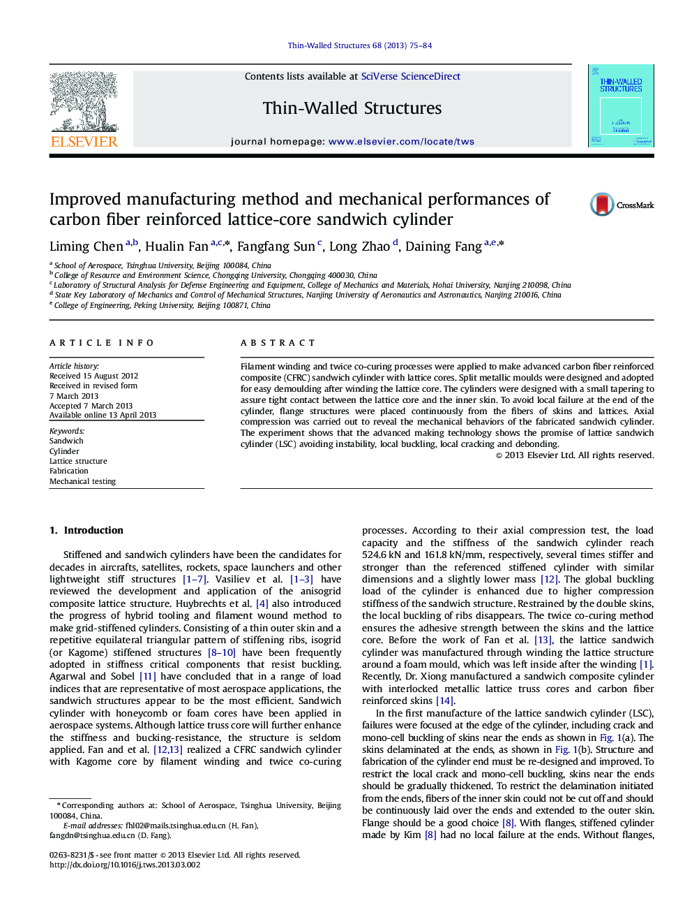 Improved manufacturing method and mechanical performances of carbon fiber reinforced lattice-core sandwich cylinder