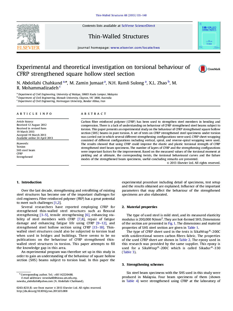 Experimental and theoretical investigation on torsional behaviour of CFRP strengthened square hollow steel section