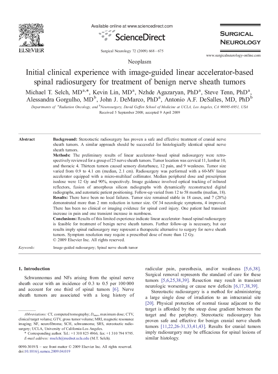 Initial clinical experience with image-guided linear accelerator-based spinal radiosurgery for treatment of benign nerve sheath tumors