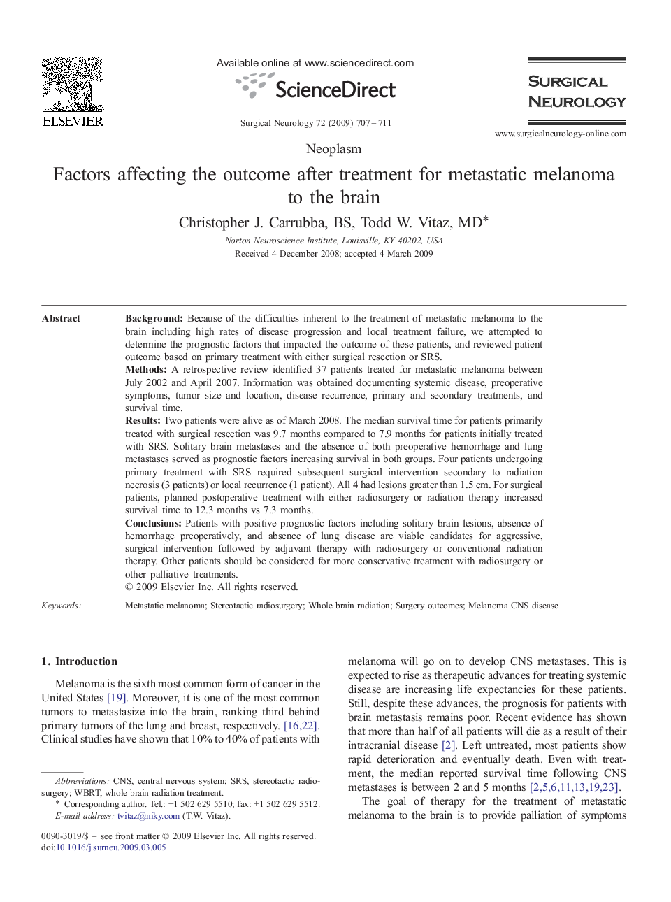 Factors affecting the outcome after treatment for metastatic melanoma to the brain