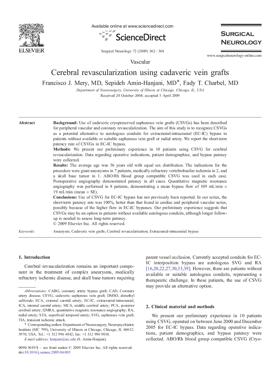 Cerebral revascularization using cadaveric vein grafts