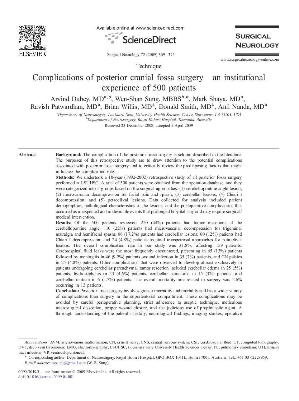 Complications of posterior cranial fossa surgery—an institutional experience of 500 patients