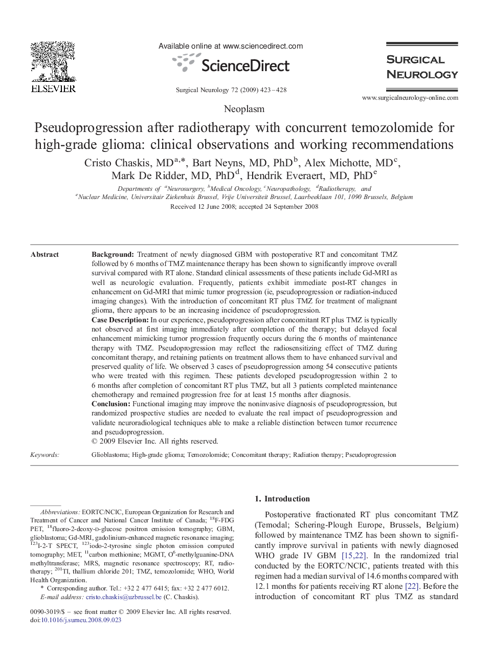 Pseudoprogression after radiotherapy with concurrent temozolomide for high-grade glioma: clinical observations and working recommendations