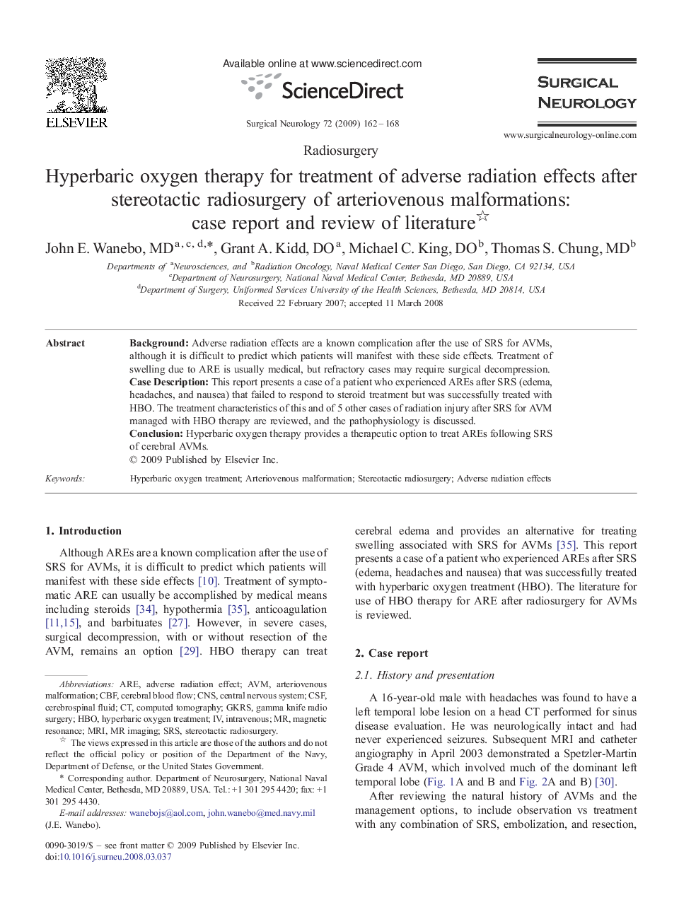 Hyperbaric oxygen therapy for treatment of adverse radiation effects after stereotactic radiosurgery of arteriovenous malformations: case report and review of literature 