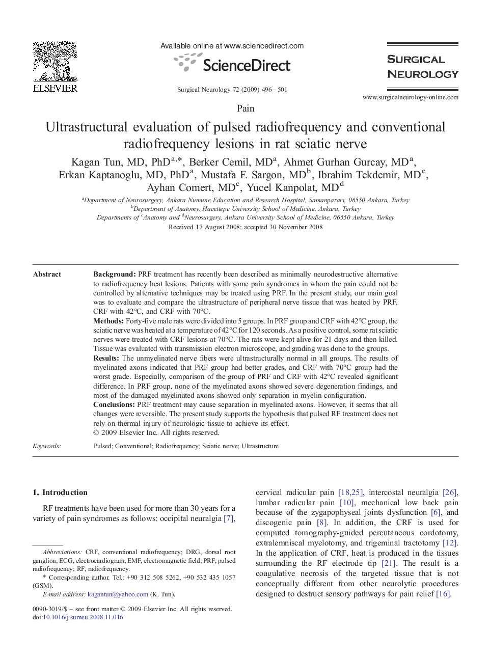 Ultrastructural evaluation of pulsed radiofrequency and conventional radiofrequency lesions in rat sciatic nerve