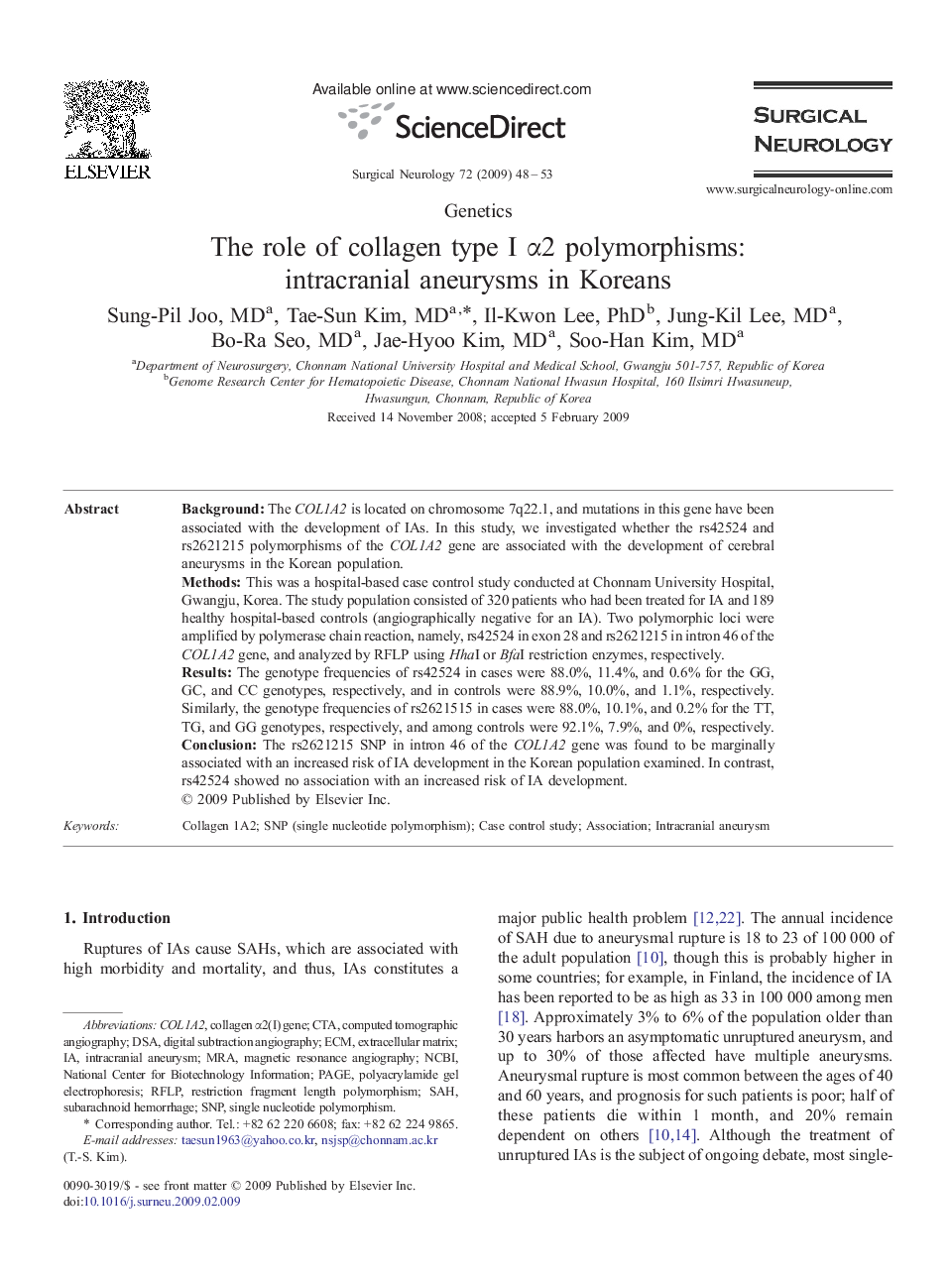 The role of collagen type I α2 polymorphisms: intracranial aneurysms in Koreans