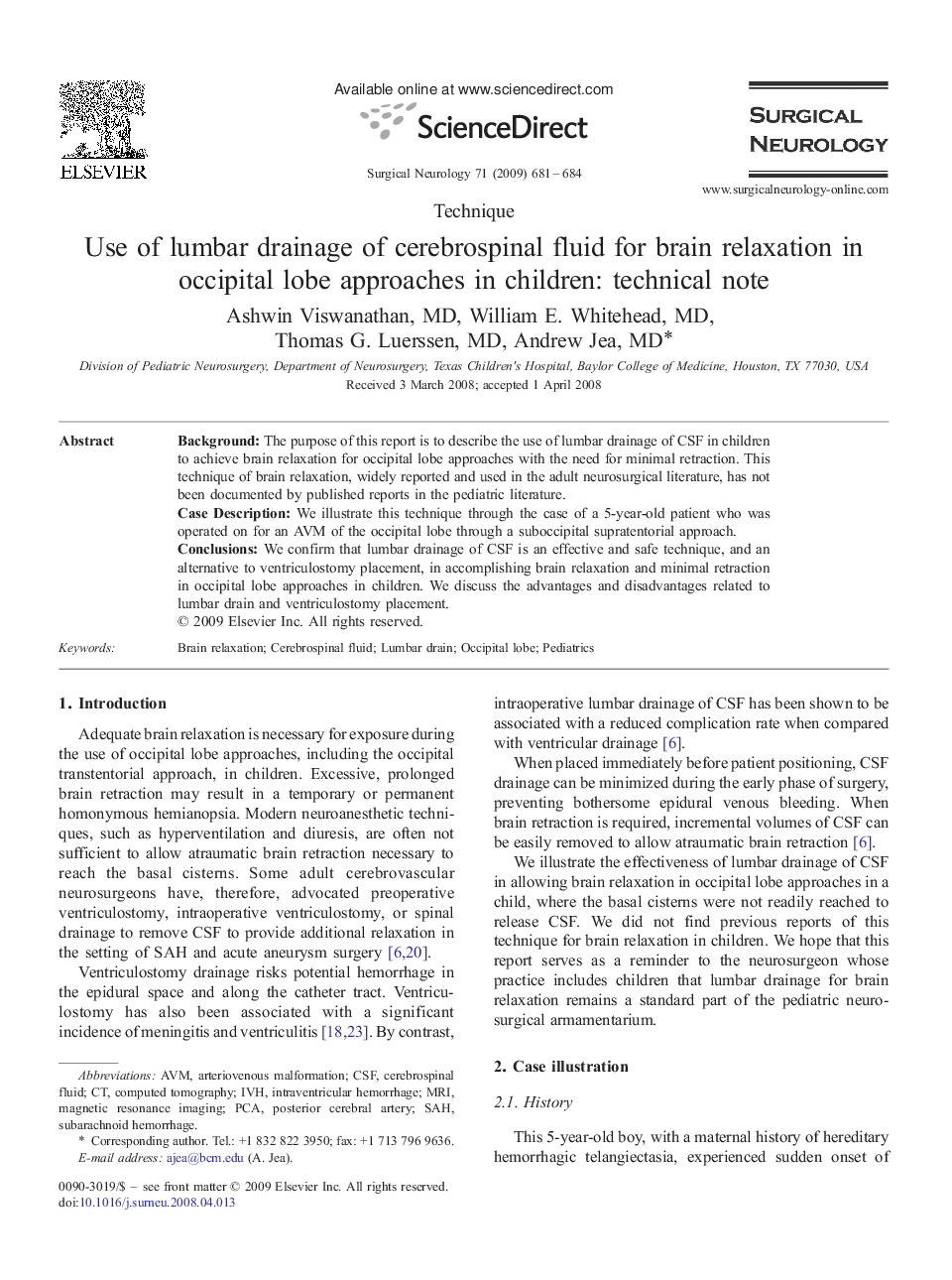 Use of lumbar drainage of cerebrospinal fluid for brain relaxation in occipital lobe approaches in children: technical note