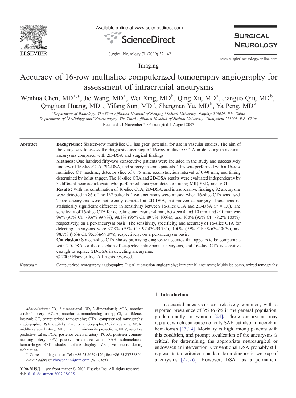 Accuracy of 16-row multislice computerized tomography angiography for assessment of intracranial aneurysms