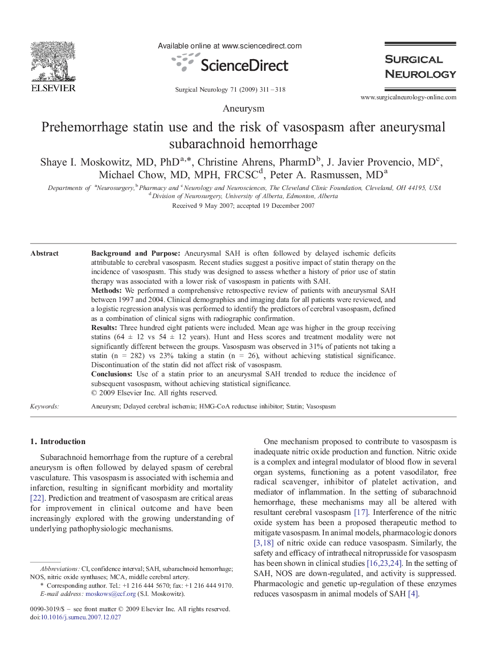 عکس صفحه اول مقاله: Prehemorrhage statin use and the risk of vasospasm after aneurysmal subarachnoid hemorrhage Prehemorrhage statin use and the risk of vasospasm after aneurysmal subarachnoid hemorrhage