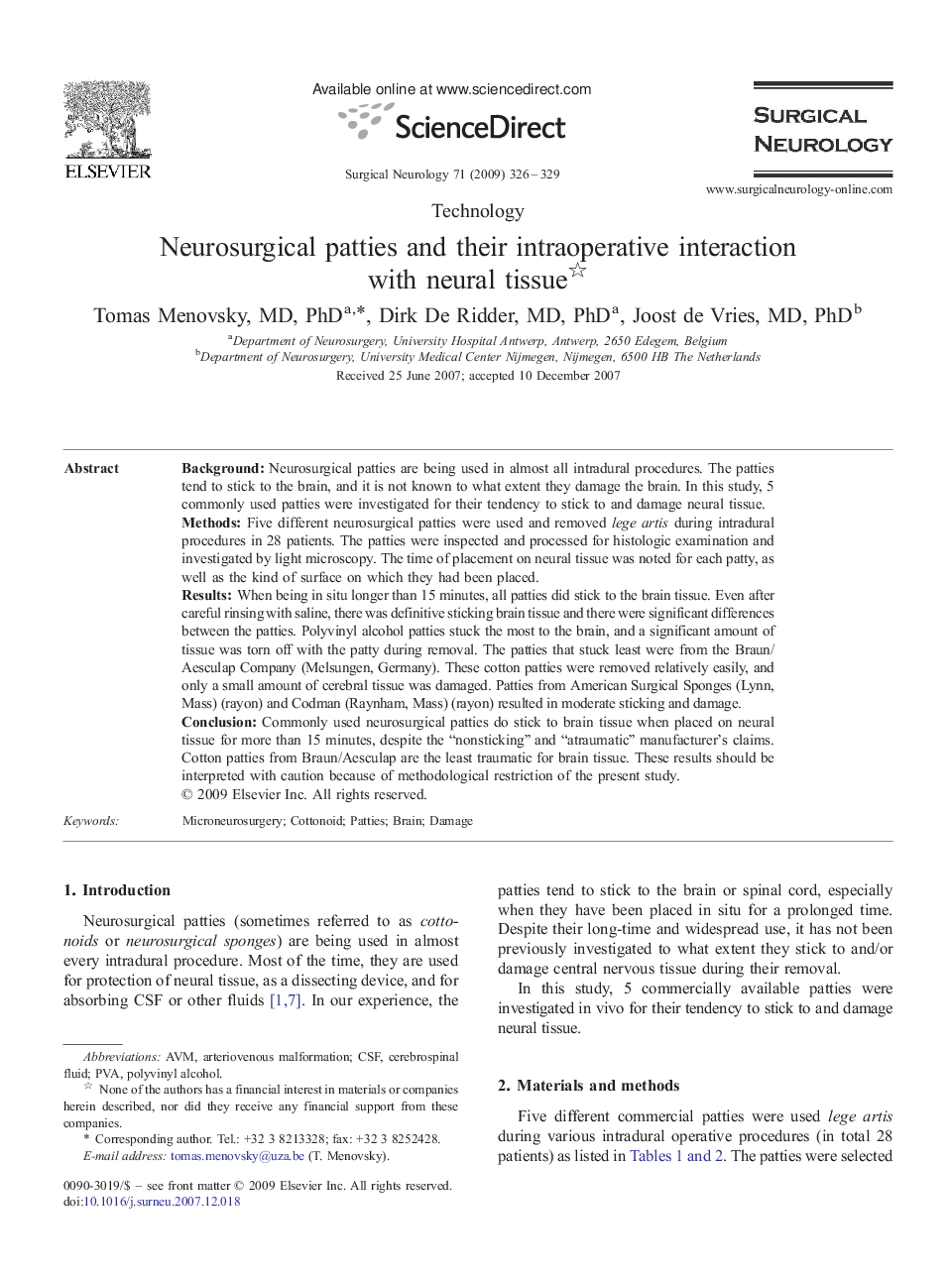 Neurosurgical patties and their intraoperative interaction with neural tissue 