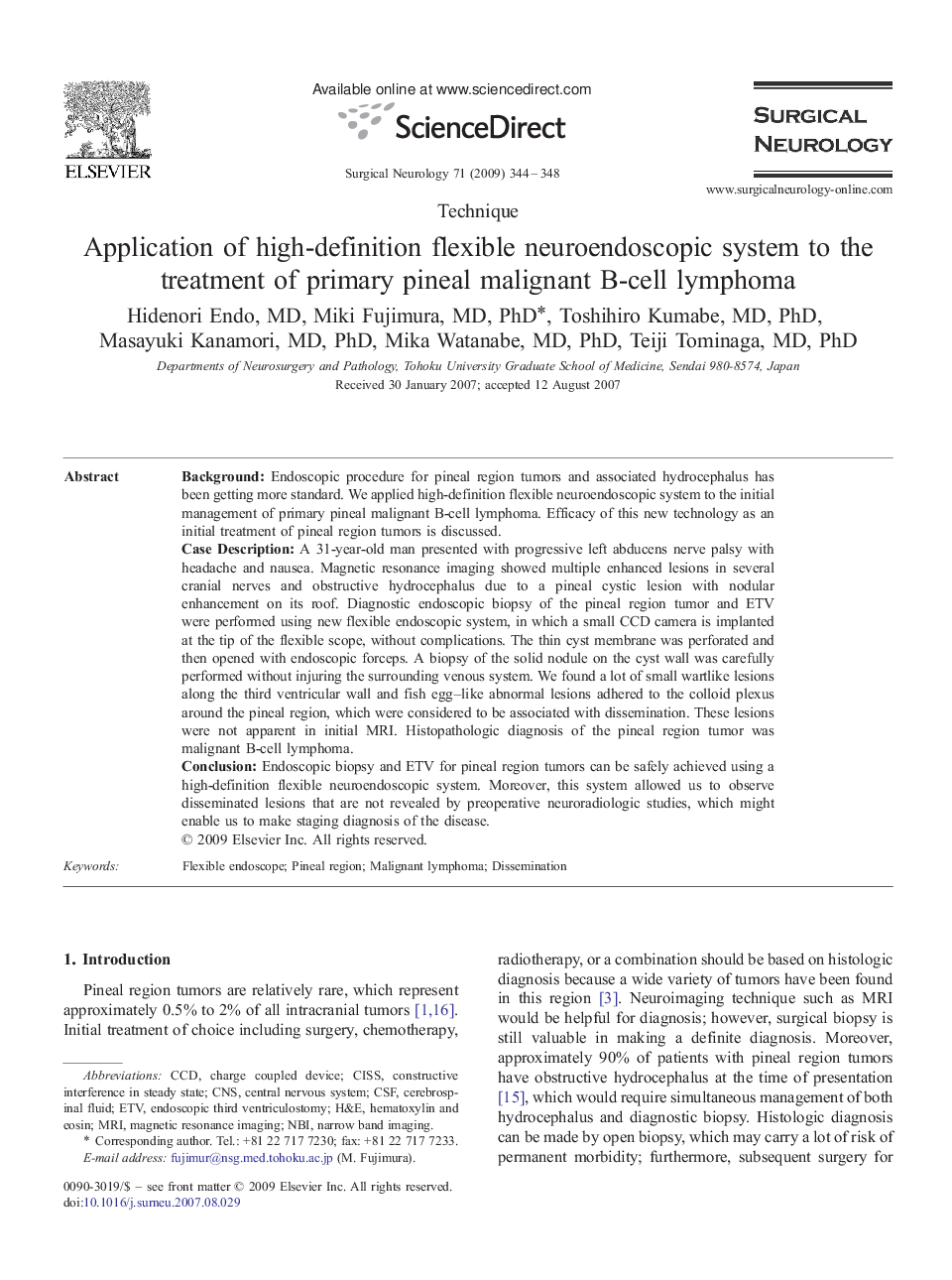 Application of high-definition flexible neuroendoscopic system to the treatment of primary pineal malignant B-cell lymphoma