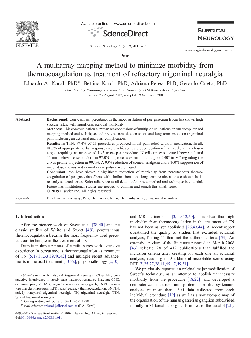A multiarray mapping method to minimize morbidity from thermocoagulation as treatment of refractory trigeminal neuralgia