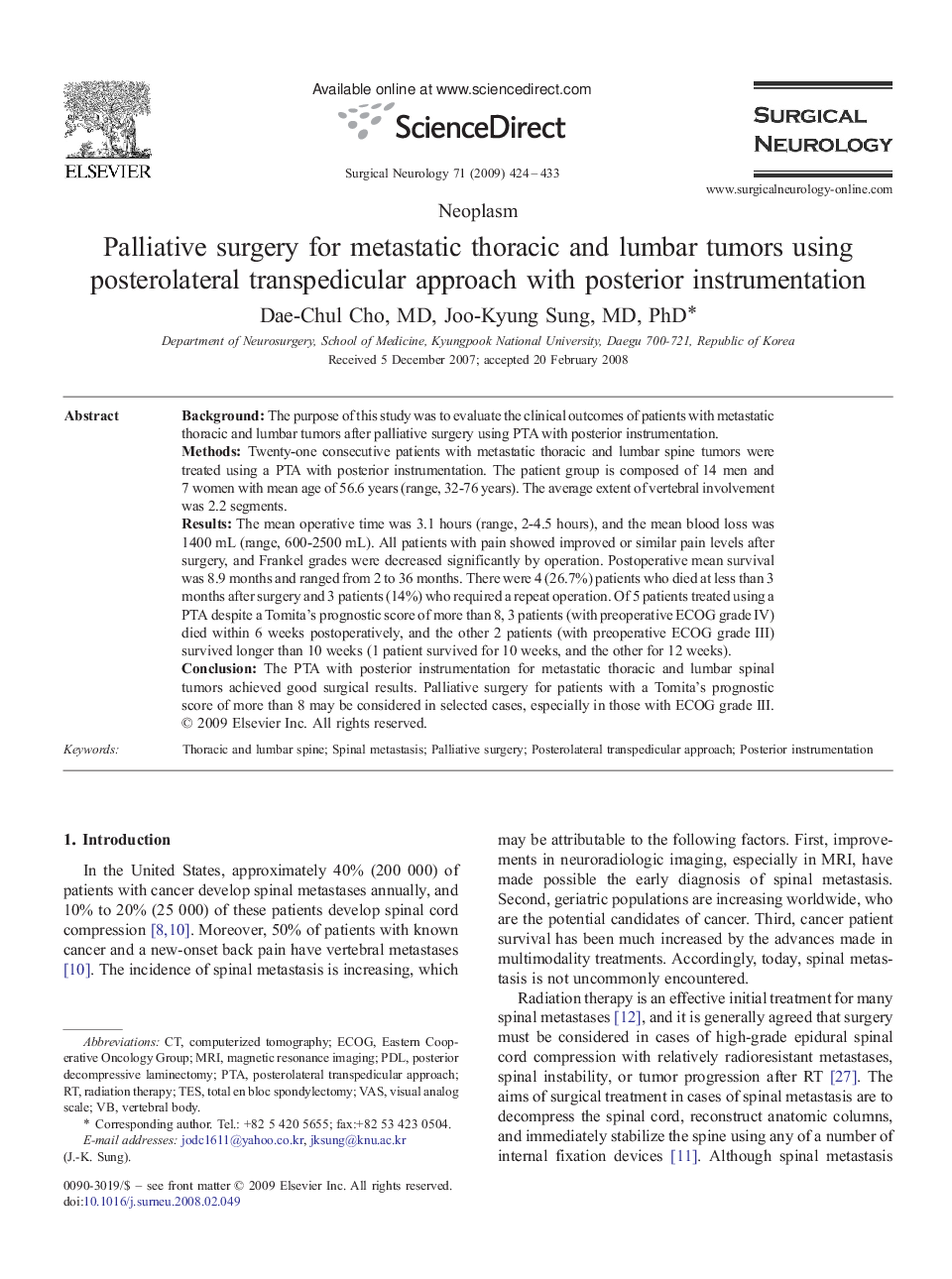 Palliative surgery for metastatic thoracic and lumbar tumors using posterolateral transpedicular approach with posterior instrumentation