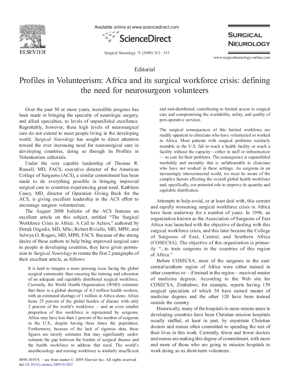 Profiles in Volunteerism: Africa and its surgical workforce crisis: defining the need for neurosurgeon volunteers