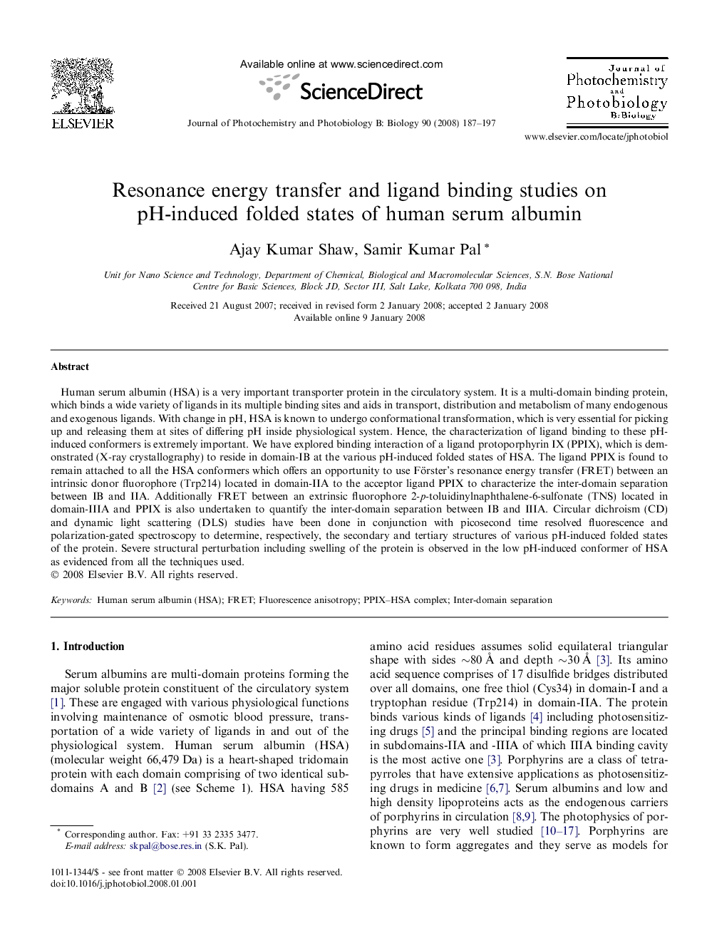 Resonance energy transfer and ligand binding studies on pH-induced folded states of human serum albumin