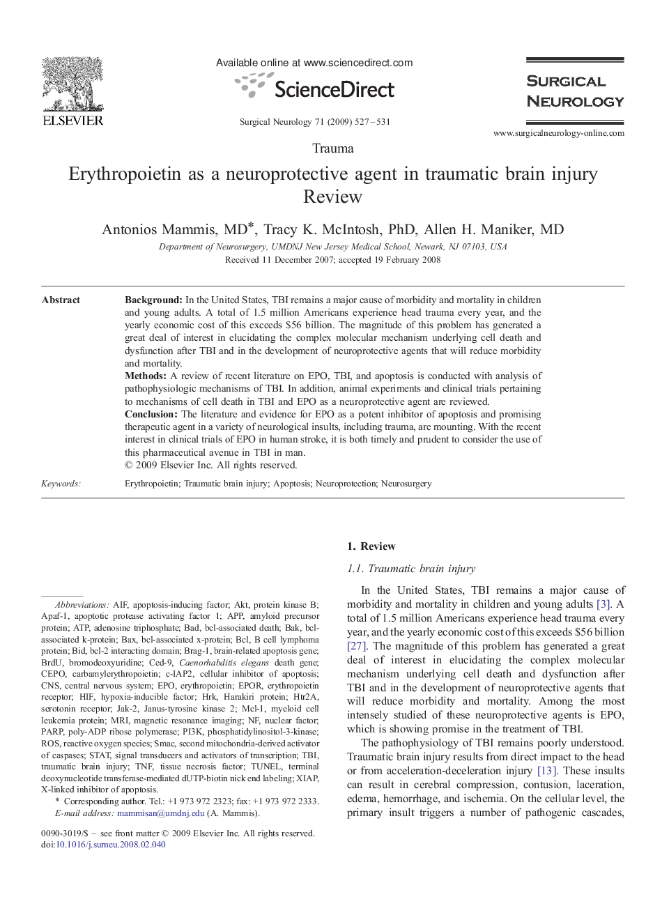 عکس صفحه اول مقاله: Erythropoietin as a neuroprotective agent in traumatic brain injury: Review Erythropoietin as a neuroprotective agent in traumatic brain injury: Review