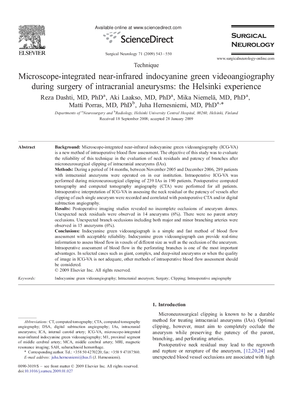 Microscope-integrated near-infrared indocyanine green videoangiography during surgery of intracranial aneurysms: the Helsinki experience