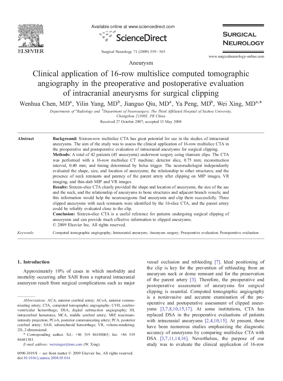 Clinical application of 16-row multislice computed tomographic angiography in the preoperative and postoperative evaluation of intracranial aneurysms for surgical clipping