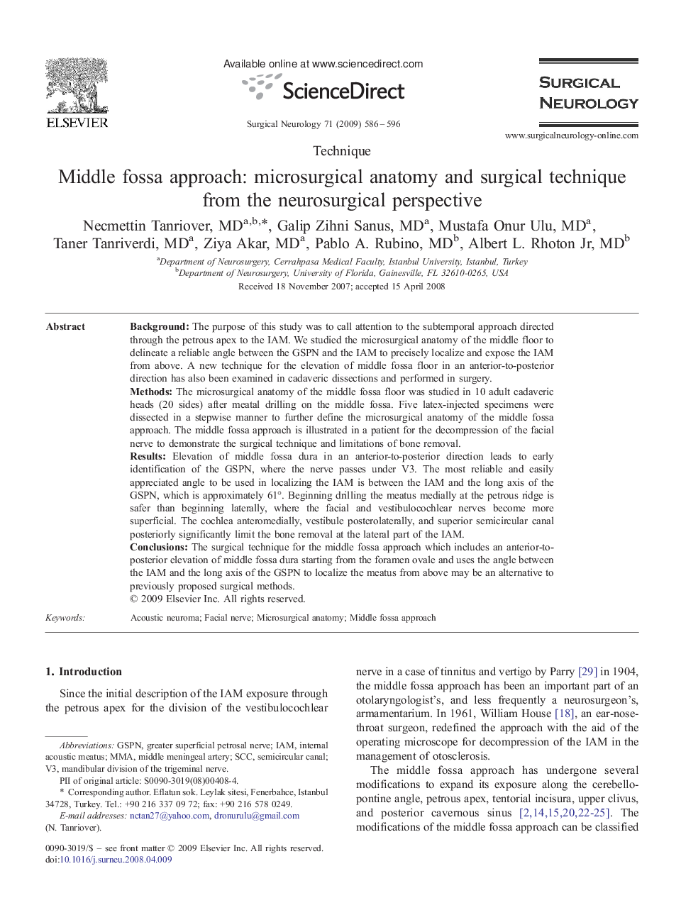 Middle fossa approach: microsurgical anatomy and surgical technique from the neurosurgical perspective