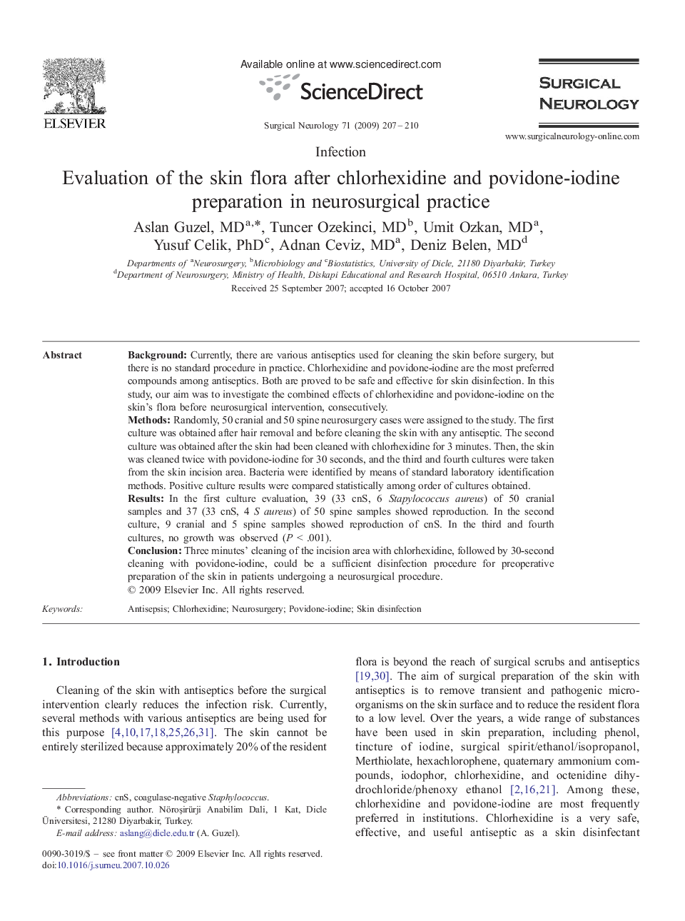 Evaluation of the skin flora after chlorhexidine and povidone-iodine preparation in neurosurgical practice