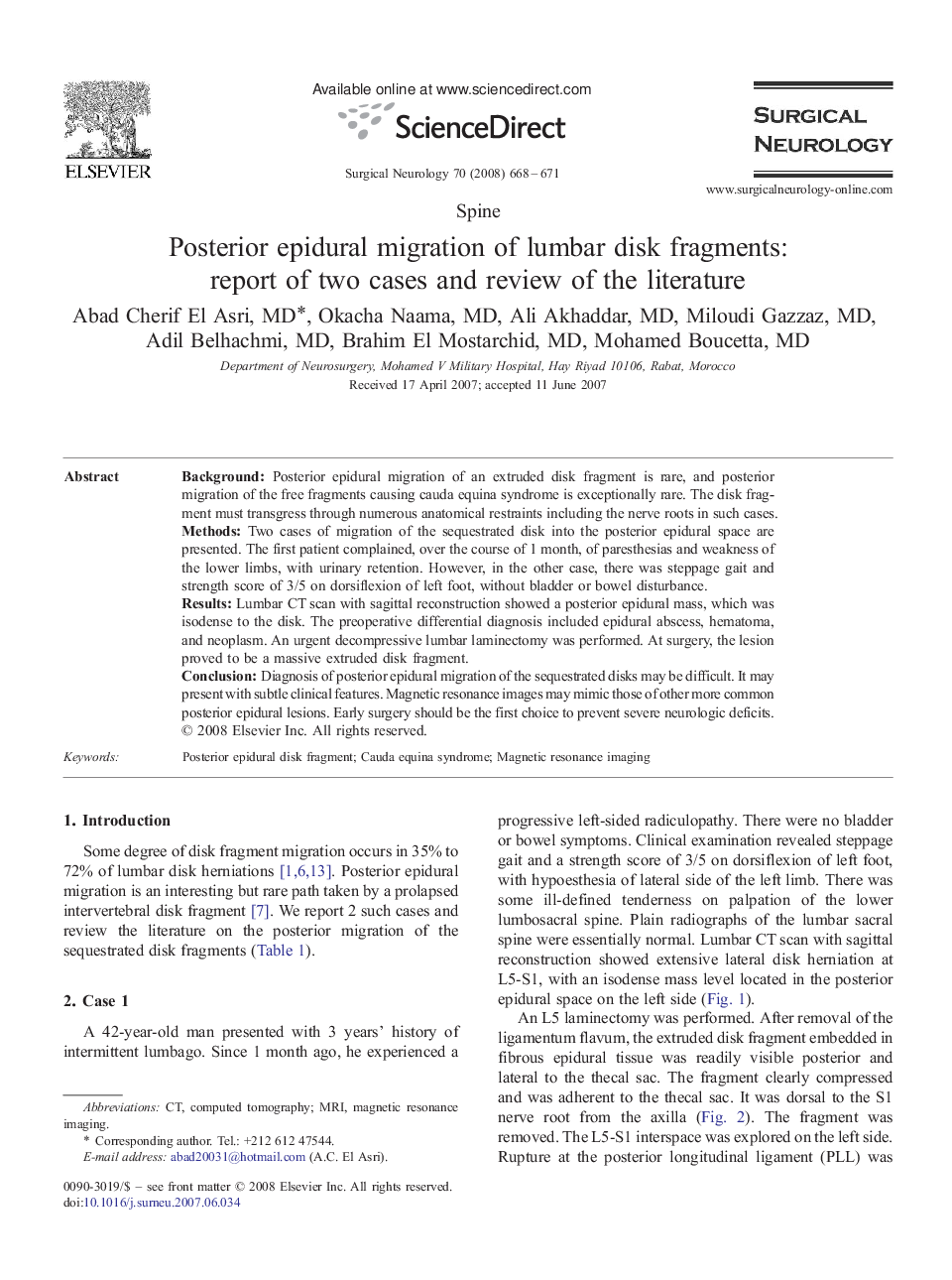 Posterior epidural migration of lumbar disk fragments: report of two cases and review of the literature