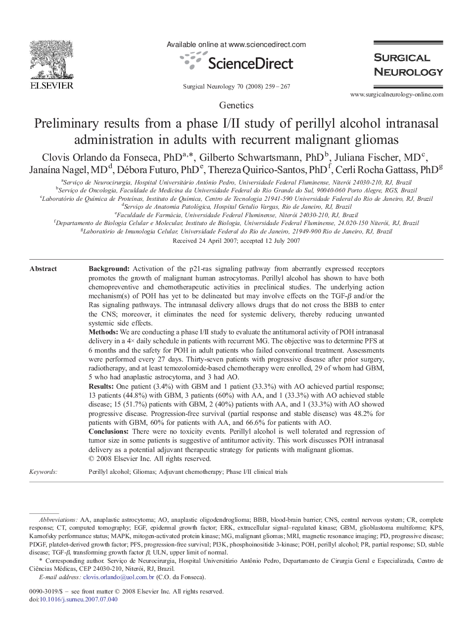 Preliminary results from a phase I/II study of perillyl alcohol intranasal administration in adults with recurrent malignant gliomas