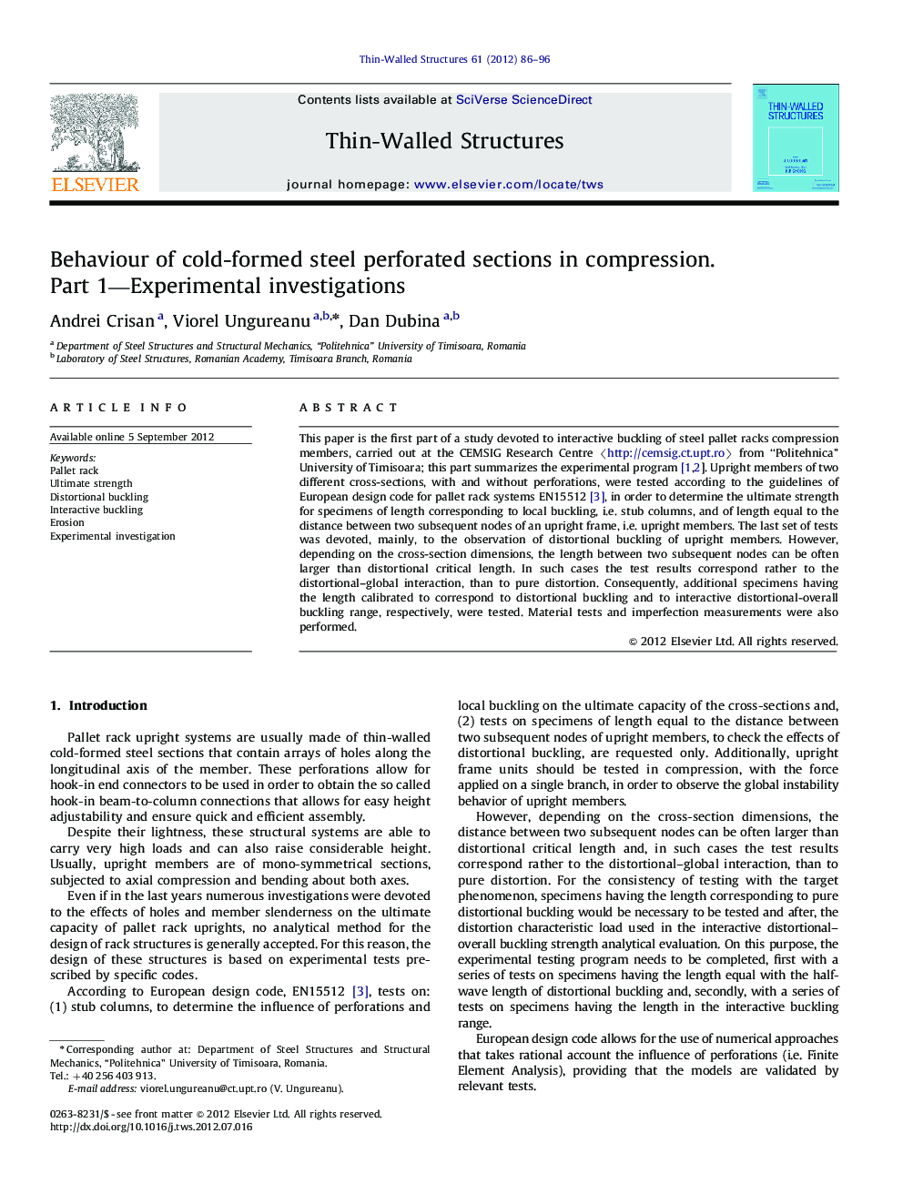 Behaviour of cold-formed steel perforated sections in compression. Part 1—Experimental investigations