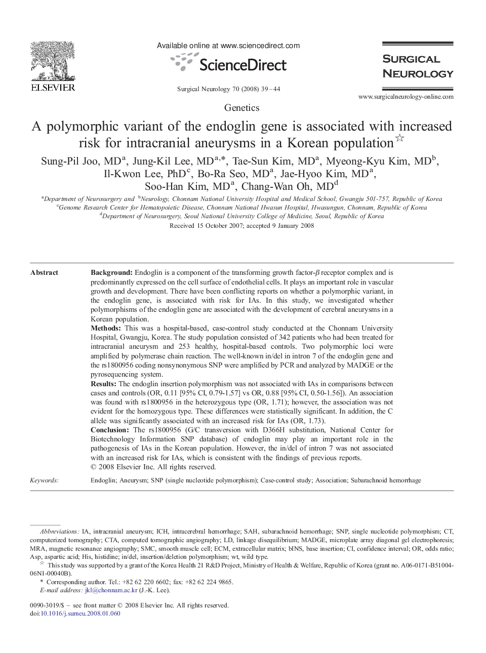 A polymorphic variant of the endoglin gene is associated with increased risk for intracranial aneurysms in a Korean population 