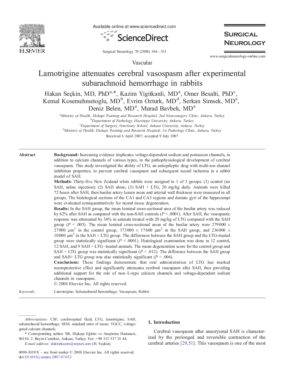 عکس صفحه اول مقاله: Lamotrigine attenuates cerebral vasospasm after experimental subarachnoid hemorrhage in rabbits Lamotrigine attenuates cerebral vasospasm after experimental subarachnoid hemorrhage in rabbits