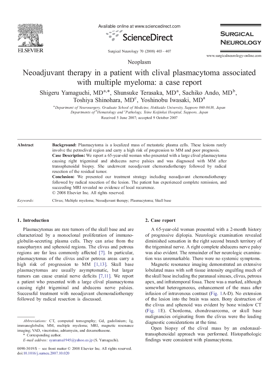 Neoadjuvant therapy in a patient with clival plasmacytoma associated with multiple myeloma: a case report