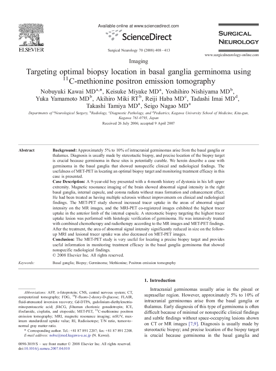 Targeting optimal biopsy location in basal ganglia germinoma using 11C-methionine positron emission tomography