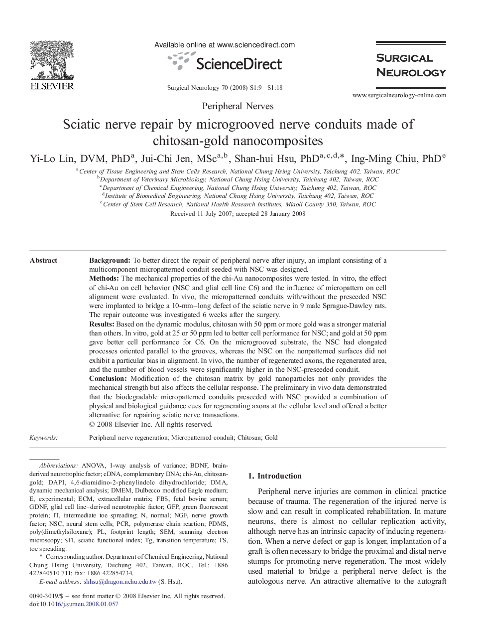 Sciatic nerve repair by microgrooved nerve conduits made of chitosan-gold nanocomposites