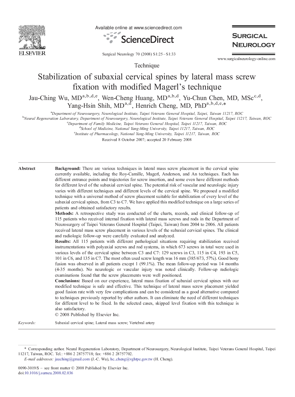 Stabilization of subaxial cervical spines by lateral mass screw fixation with modified Magerl's technique