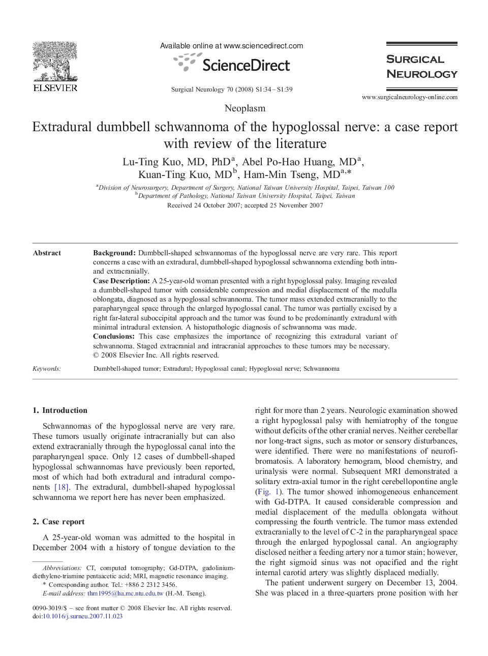 Extradural dumbbell schwannoma of the hypoglossal nerve: a case report with review of the literature