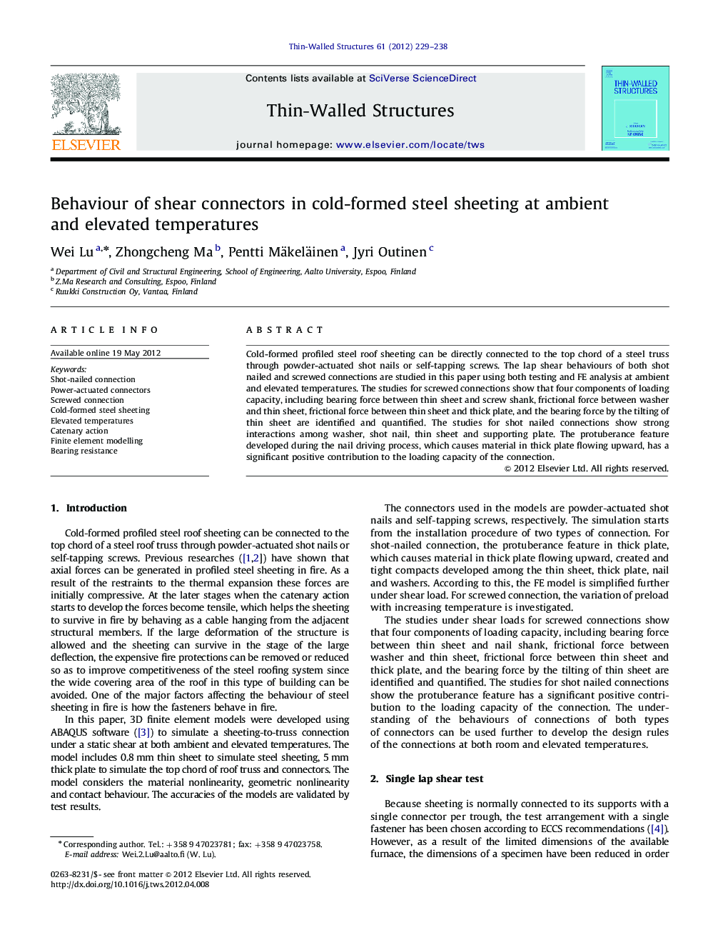 Behaviour of shear connectors in cold-formed steel sheeting at ambient and elevated temperatures
