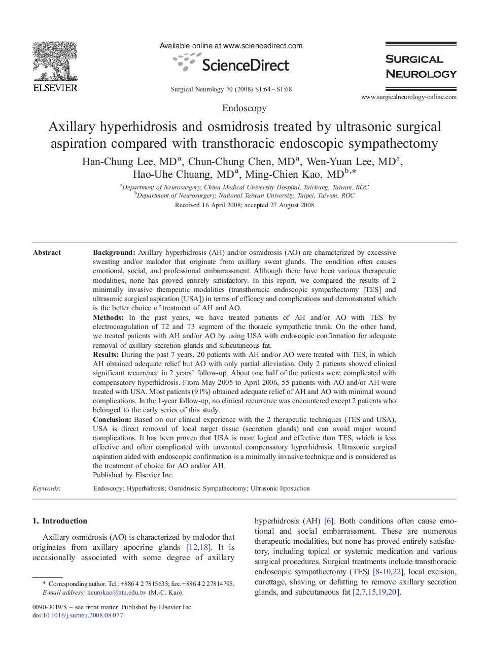 عکس صفحه اول مقاله: Axillary hyperhidrosis and osmidrosis treated by ultrasonic surgical aspiration compared with transthoracic endoscopic sympathectomy Axillary hyperhidrosis and osmidrosis treated by ultrasonic surgical aspiration compared with transthoracic endoscopic sympathectomy
