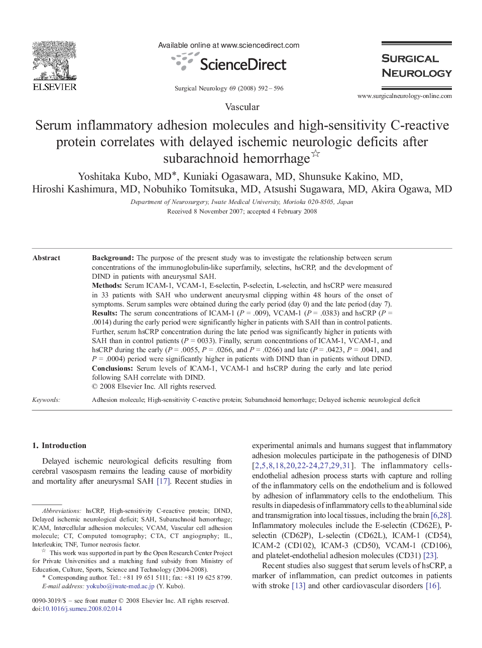 Serum inflammatory adhesion molecules and high-sensitivity C-reactive protein correlates with delayed ischemic neurologic deficits after subarachnoid hemorrhage 