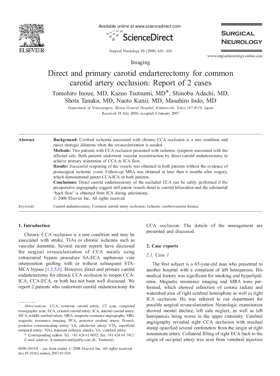 Direct and primary carotid endarterectomy for common carotid artery occlusion. Report of 2 cases