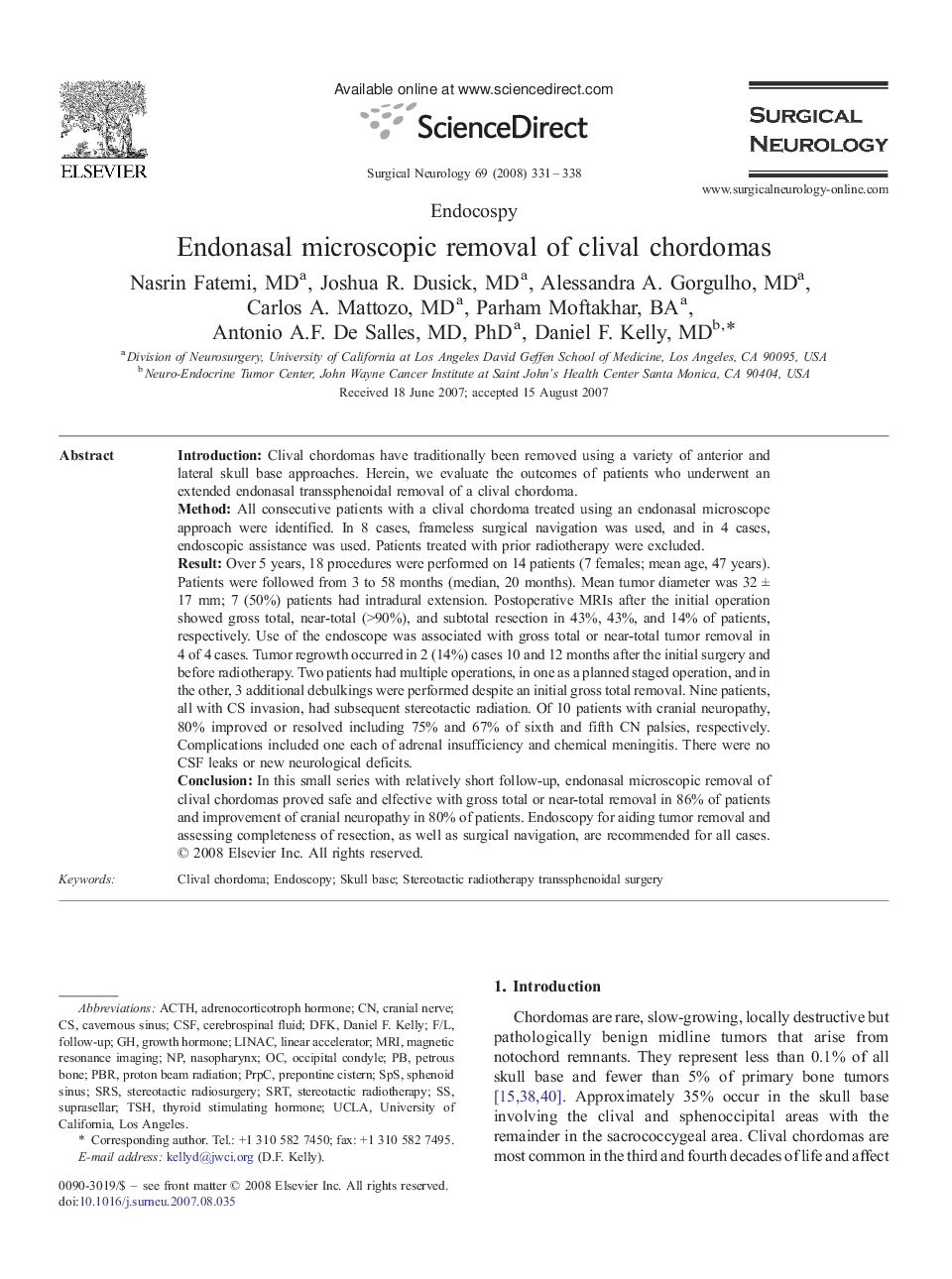 Endonasal microscopic removal of clival chordomas