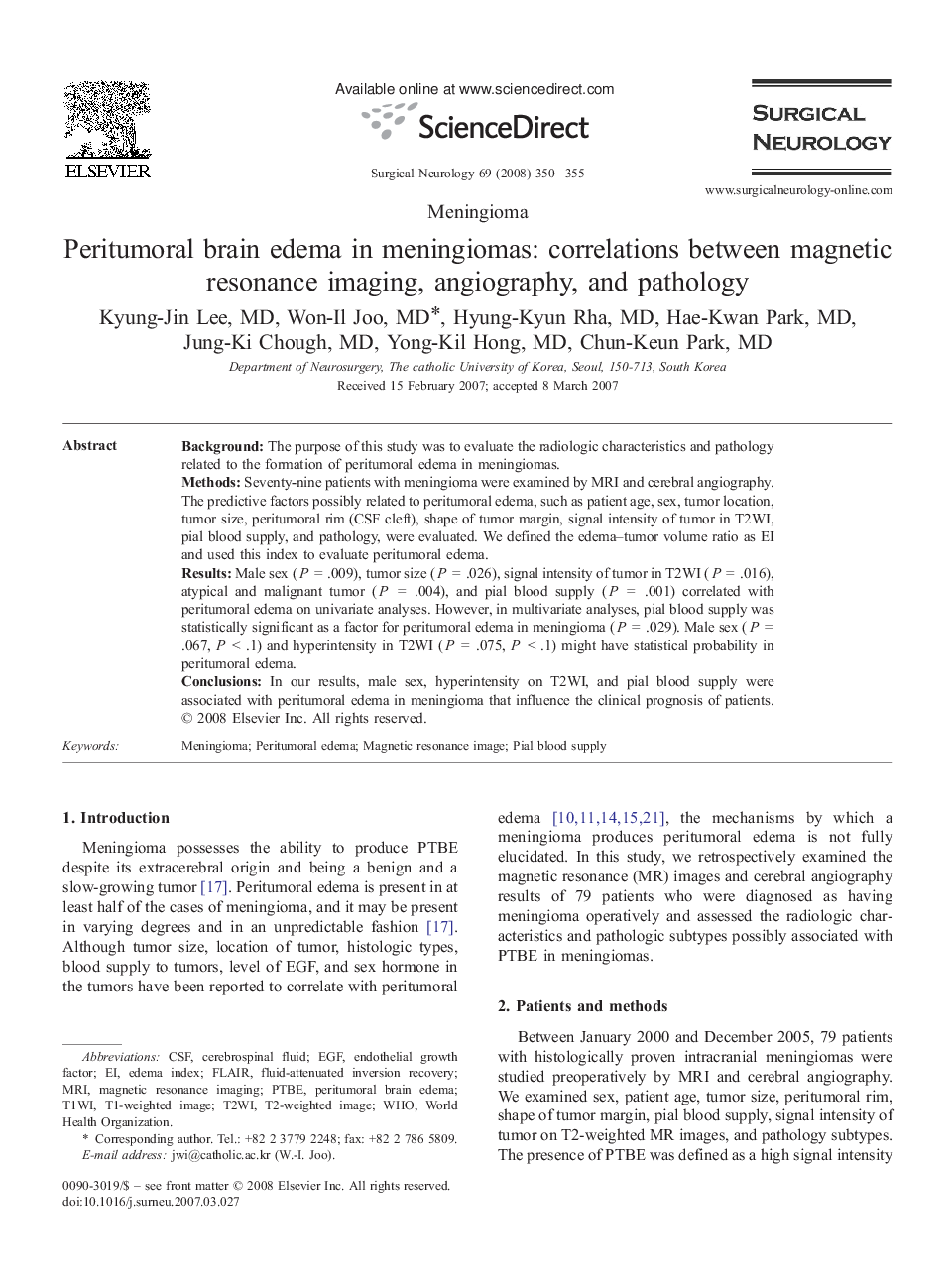 Peritumoral brain edema in meningiomas: correlations between magnetic resonance imaging, angiography, and pathology