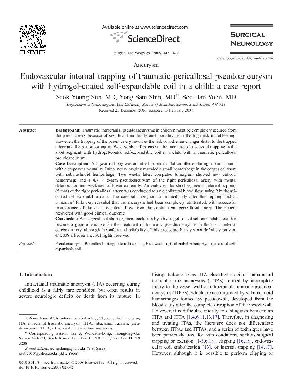 Endovascular internal trapping of traumatic pericallosal pseudoaneurysm with hydrogel-coated self-expandable coil in a child: a case report